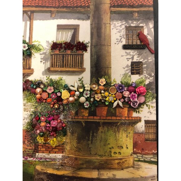 3D Italian Inspired Jewelry and Bead Enhanced Upcycled Art Floral Village Scene - Picture 3 of 8